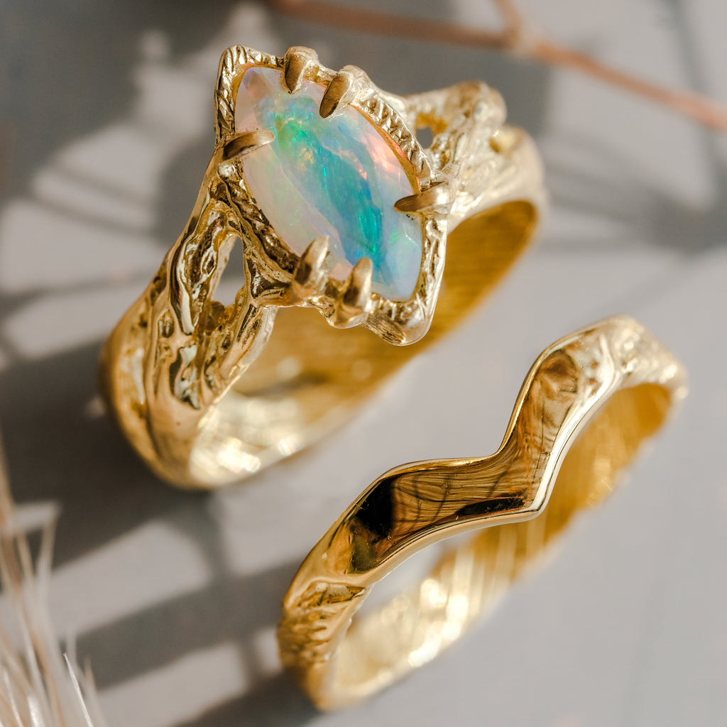 14K Gold Fire Opal Engagement Ring Set