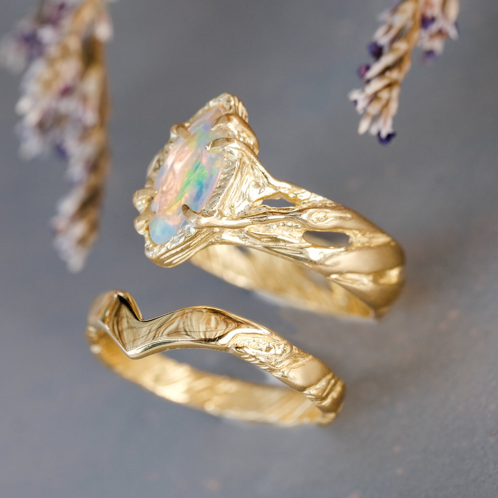 14K Gold Fire Opal Engagement Ring Set