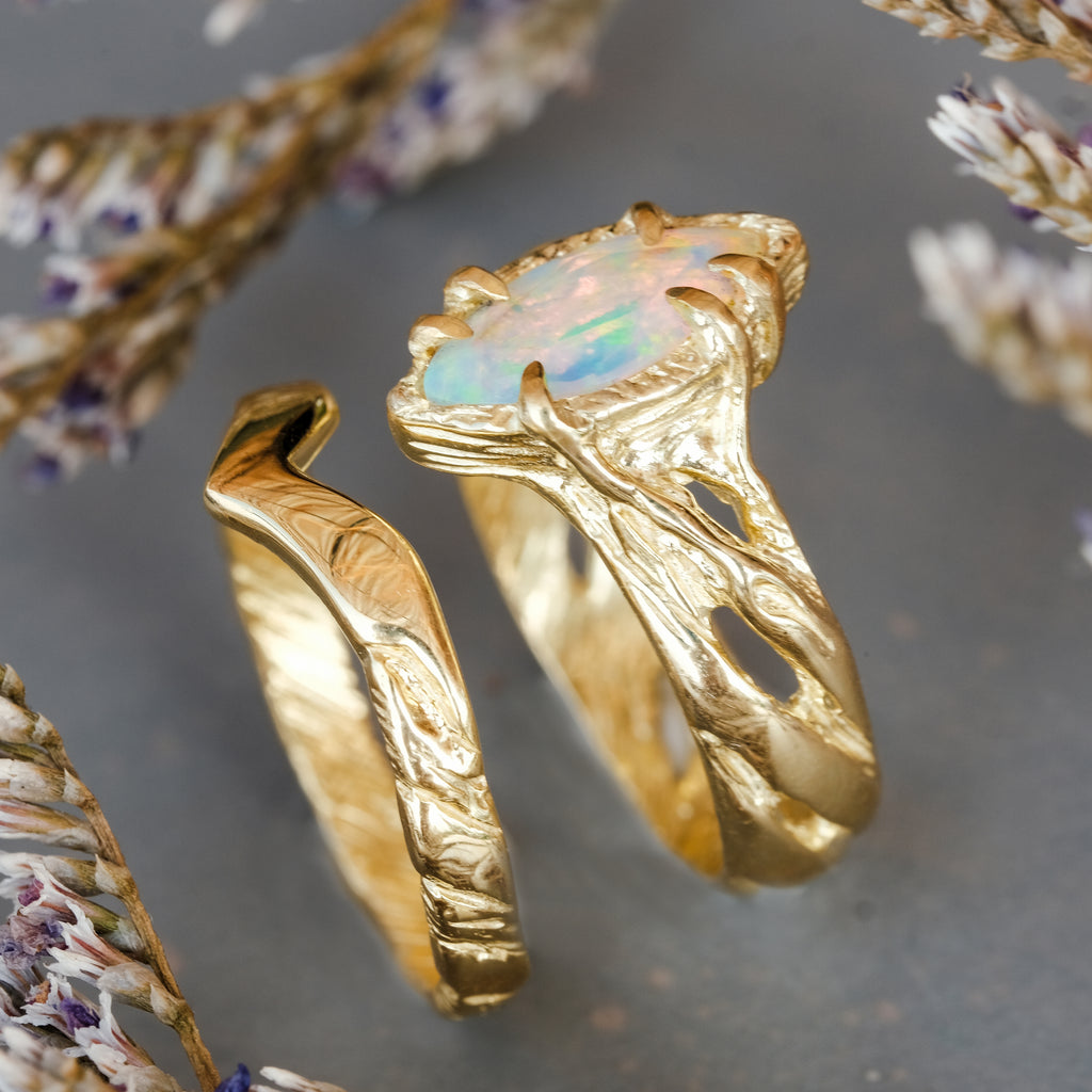 Fire Opal Gold Engagement Ring Set