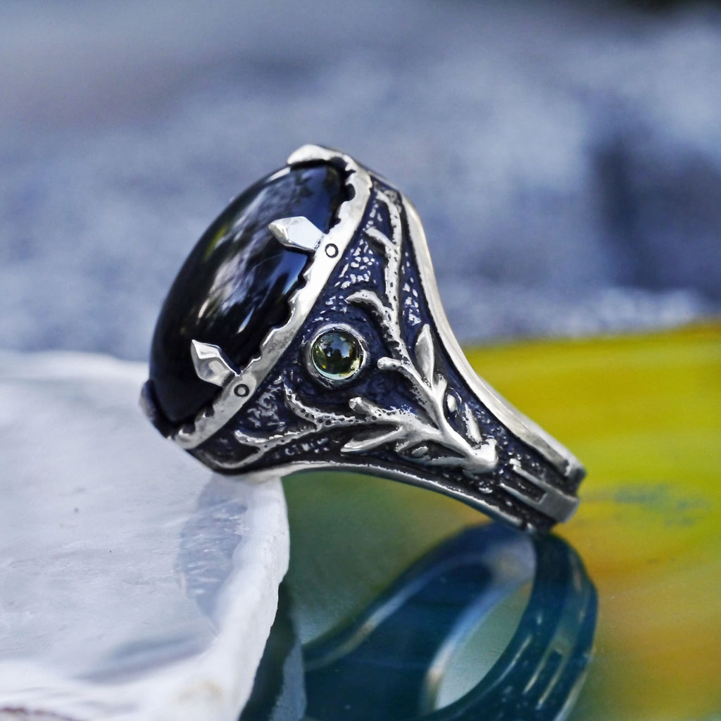 Sterling Silver "Deer" Ring with Obsidian - blacktreelab