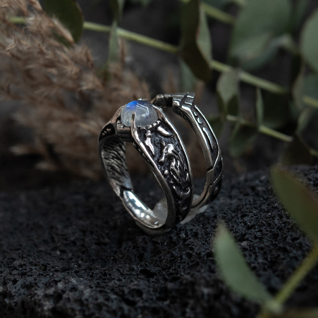 Moonstone Ring Set Wolves