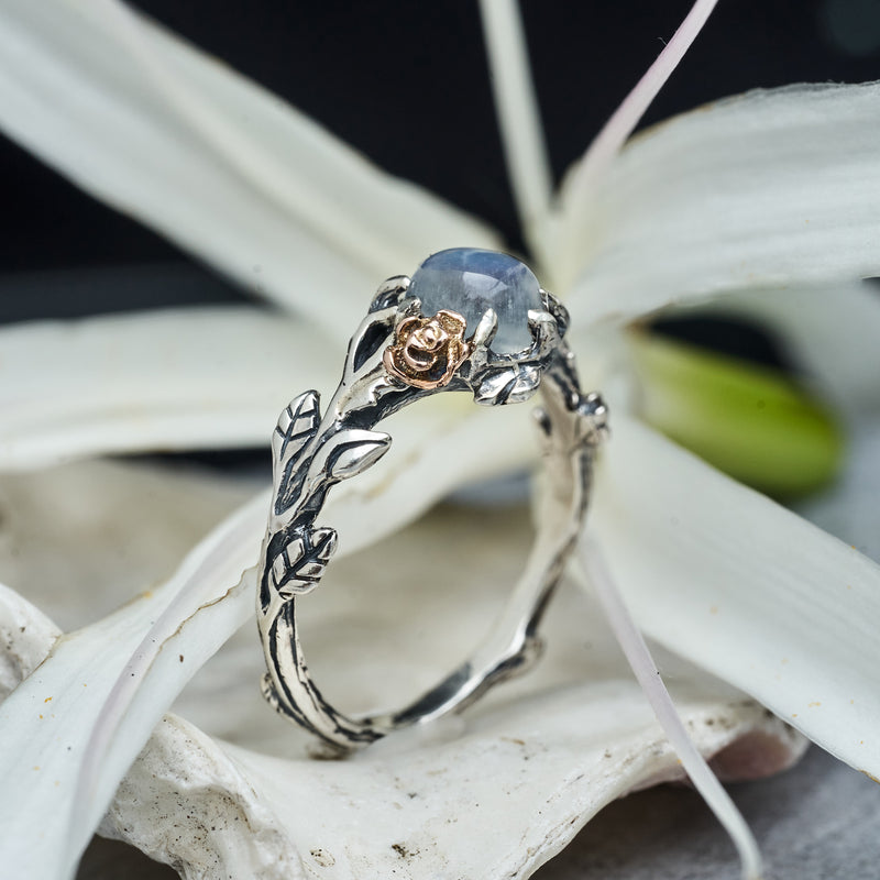 Moonstone Engagement ring with Gold Rose