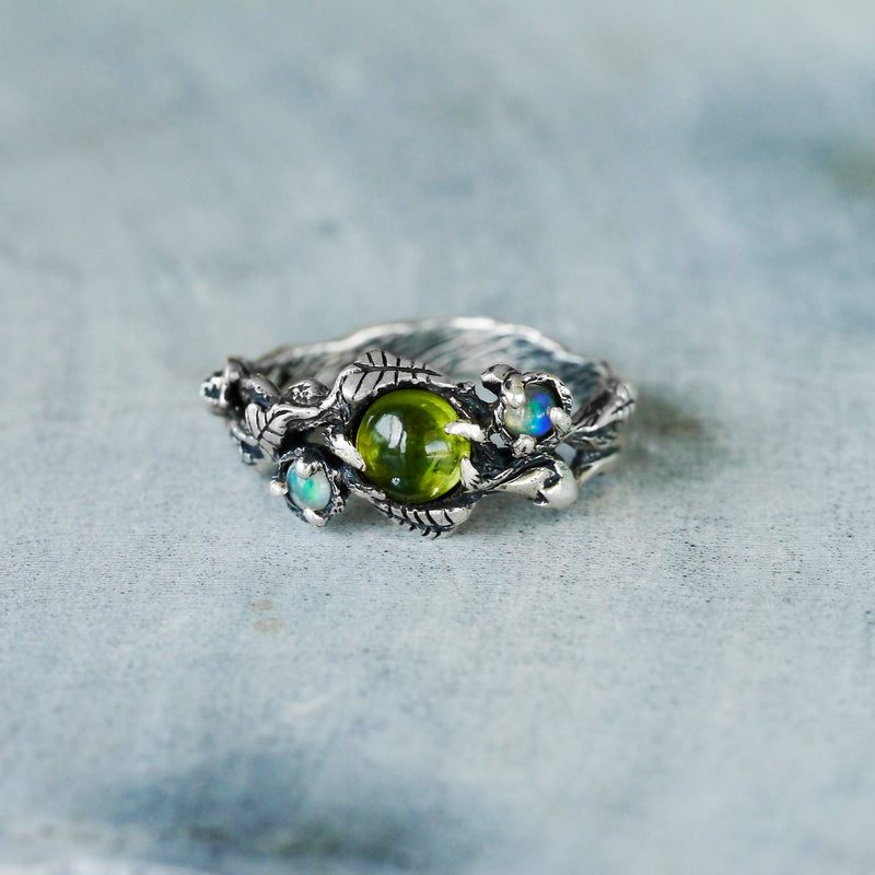 "Angie" - Floral Peridot and Opals ring