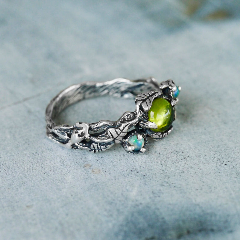 Engagement Floral ring with Peridot and Opals