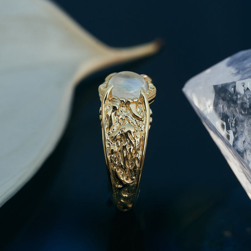 14K Gold Moonstone Engagement Ring "Wolf'