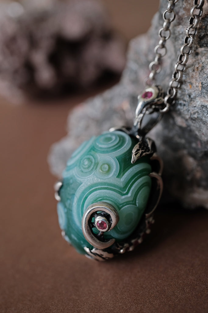 "Sign" Reversible Green Gobi Agate Talisman in Silver with Natural Rubies