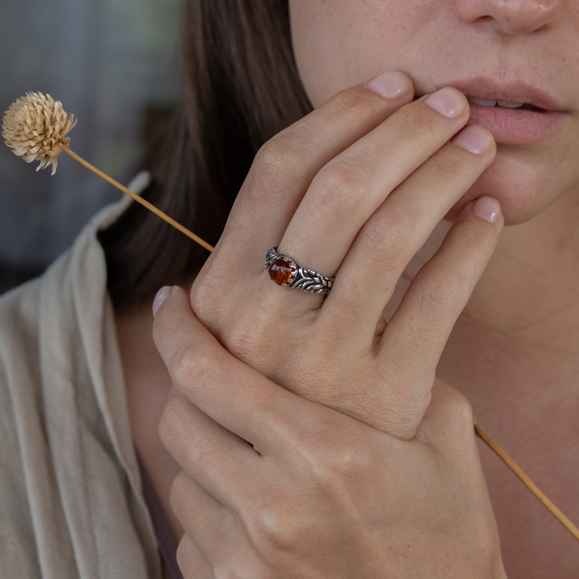 Engagement Ana ring with Amber on hand by BlackTreeLab