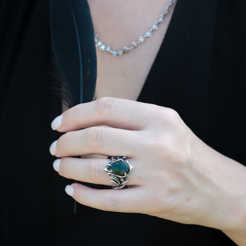 Ammolite Silver Ring "Ophion" on hand