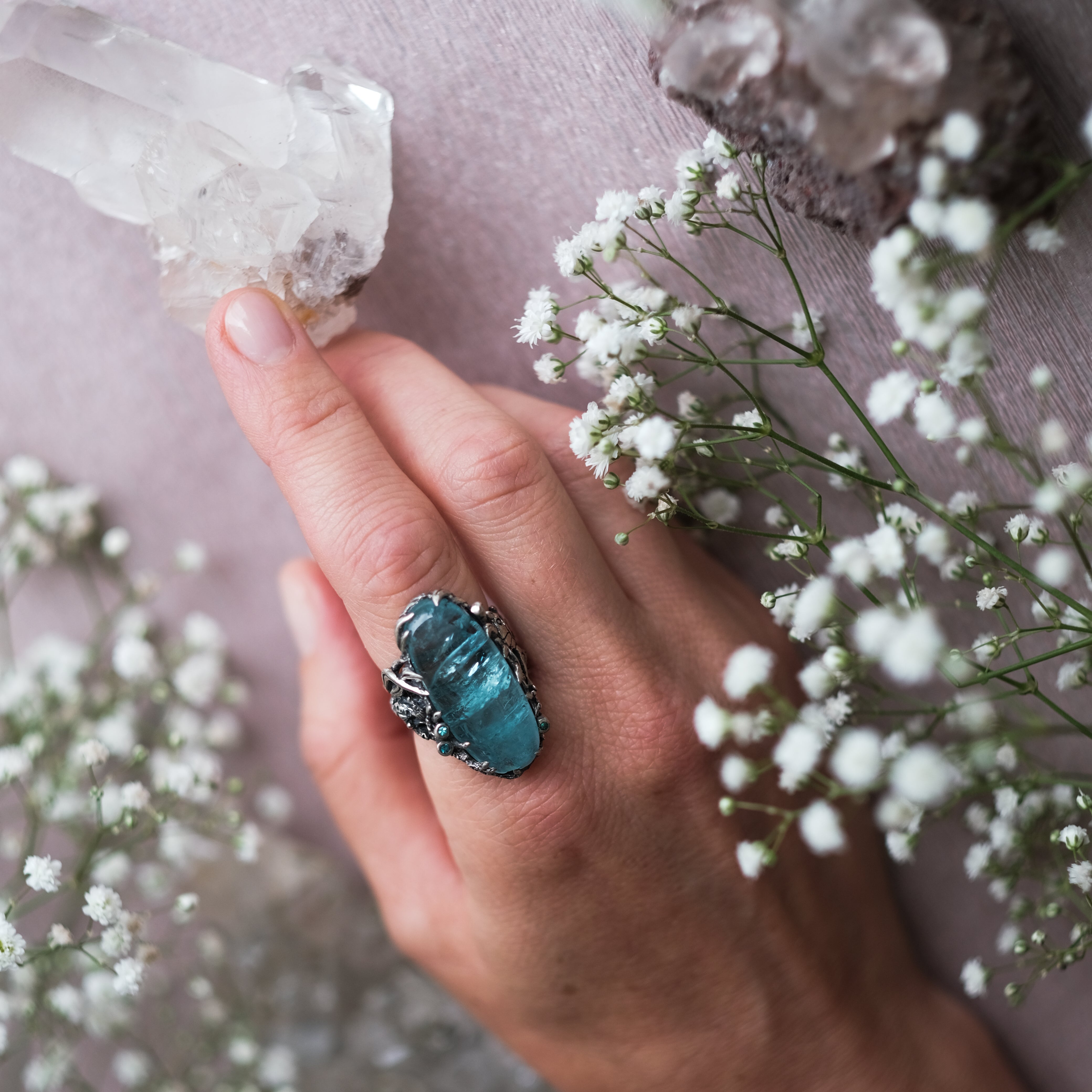 Sea-themed ring “Oceania” with large aquamarine | BlackTreeLab