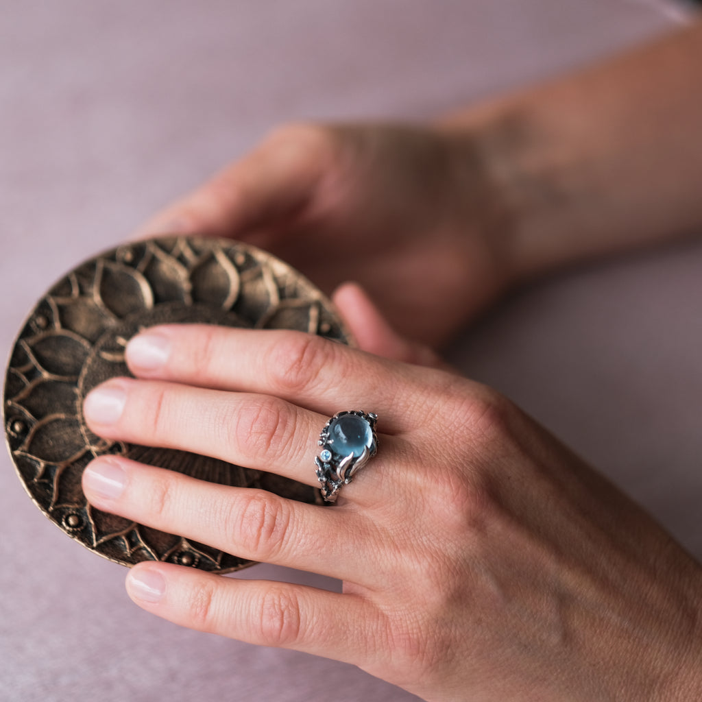 Silver ring with Aquamarine “Breeze” on hand