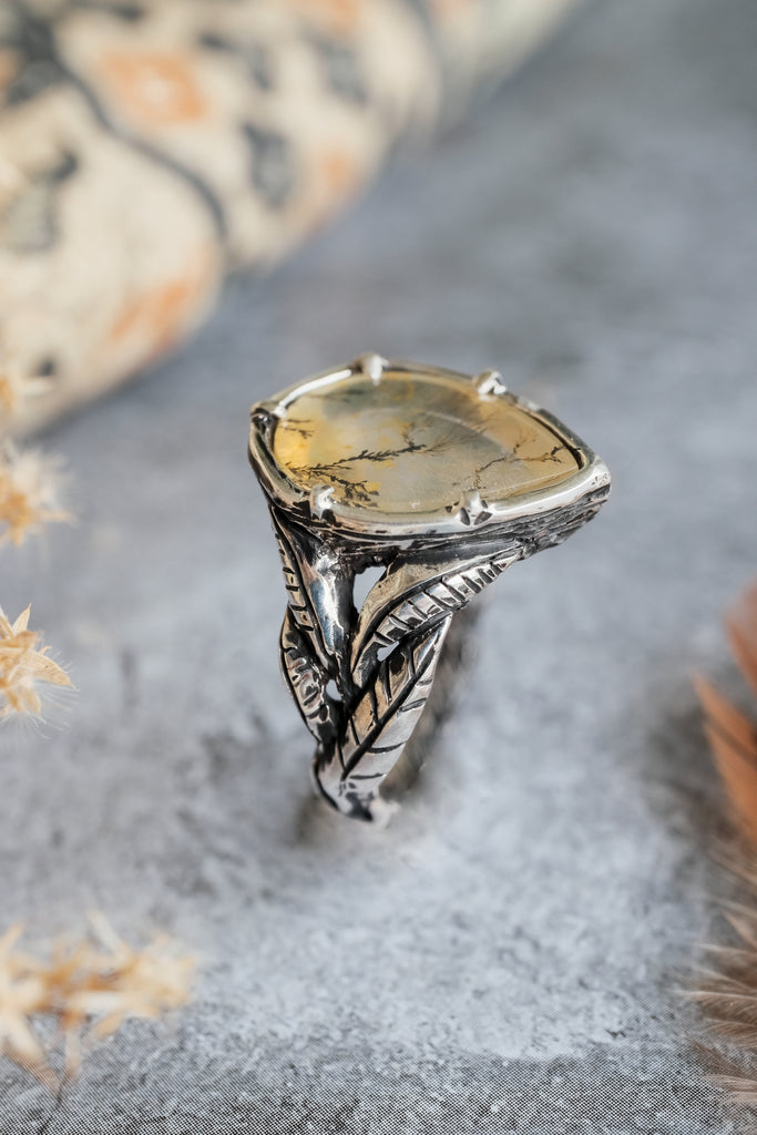 Silver Leaf Ring “Sonora” with Dendritic Agate
