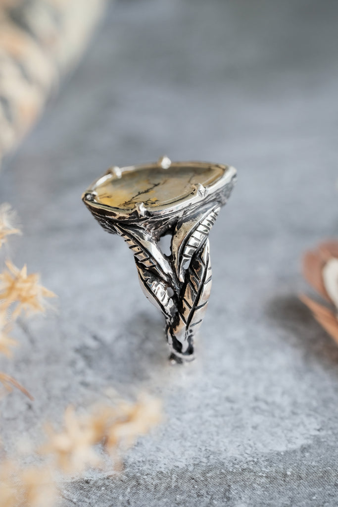 Silver Leaf Ring “Sonora” with Dendritic Agate