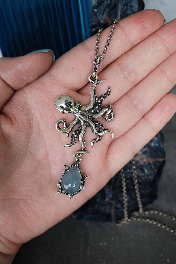 Aquamarine Octopus Necklace with Peridot, Ruby, and Tsavorite