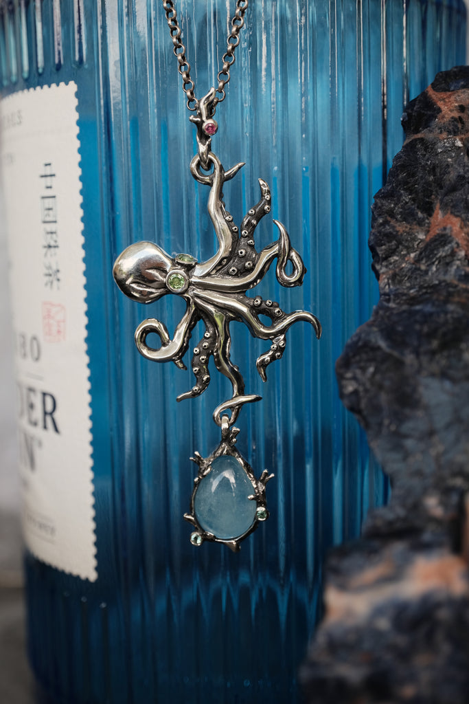 Aquamarine Octopus Necklace with Peridot, Ruby, and Tsavorite