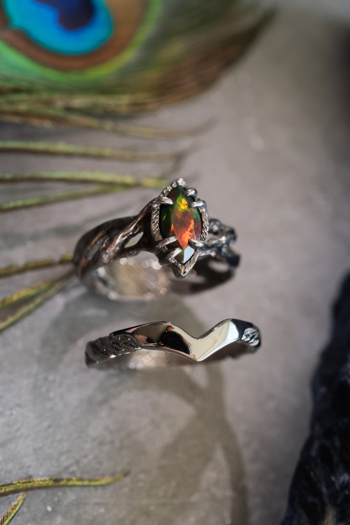 Engagement Black Fire Opal Ring Set of 2 "Vivienne"