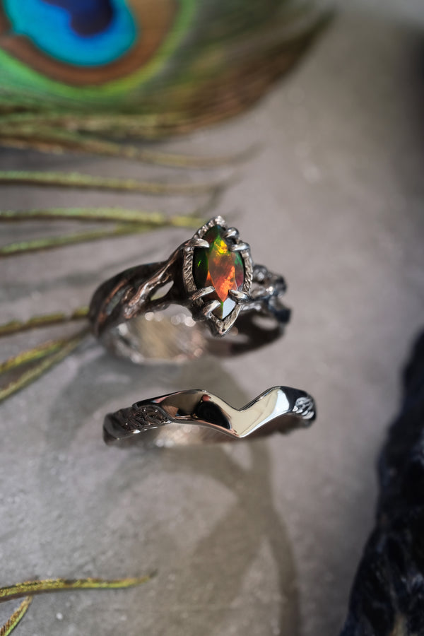Engagement Black Fire Opal Ring Set of 2 "Vivienne"