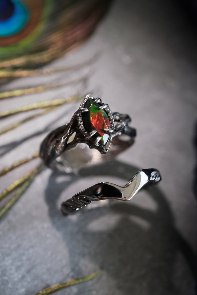 Engagement Black Fire Opal Ring Set of 2 "Vivienne"