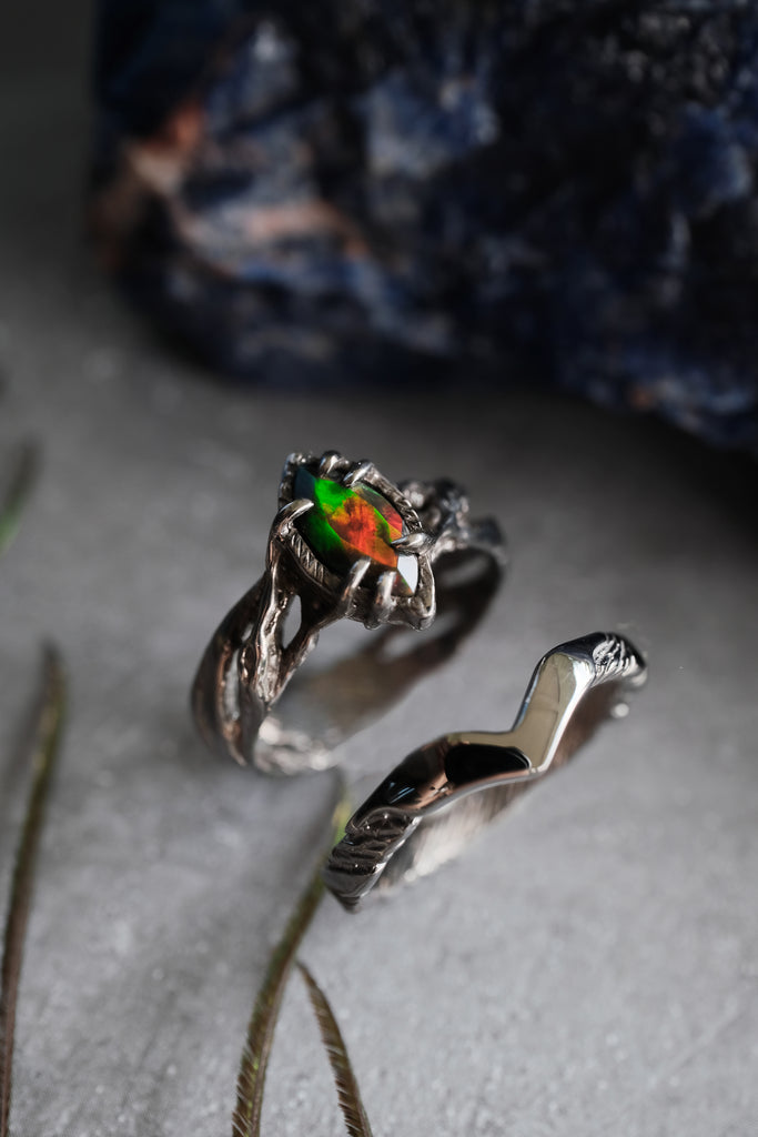 Engagement Black Fire Opal Ring Set of 2 "Vivienne"