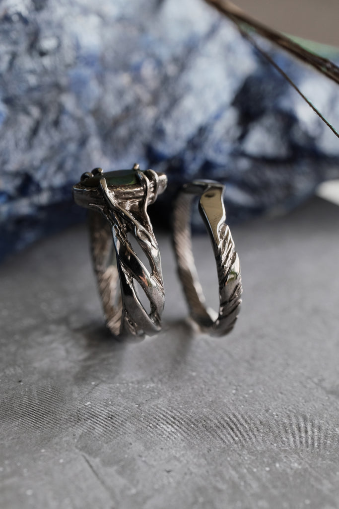 Engagement Black Fire Opal Ring Set of 2 "Vivienne"