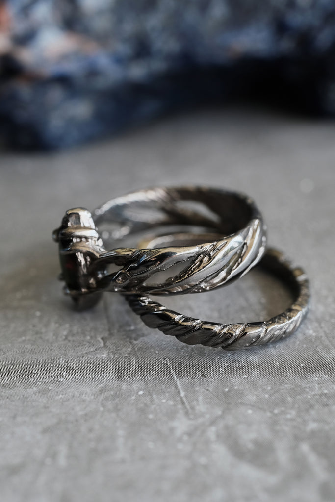 Engagement Black Fire Opal Ring Set of 2 "Vivienne"