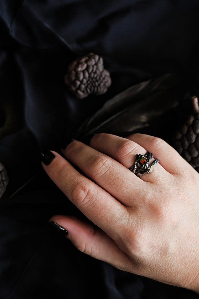 3-Piece wedding couple rings set with Black Fire Opal "Vivienne"