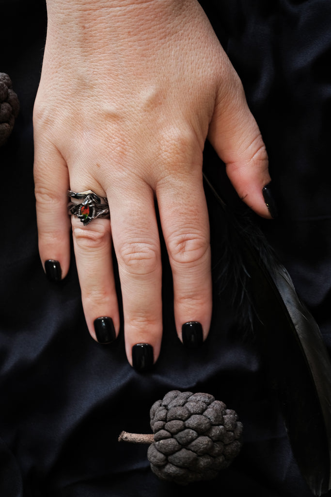 Engagement Black Fire Opal Ring Set of 2 "Vivienne"