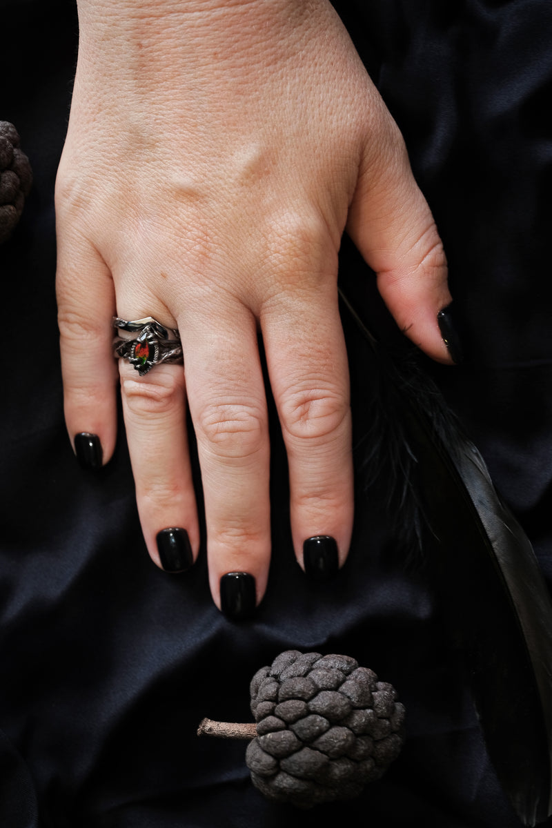 3-Piece wedding couple rings set with Black Fire Opal "Vivienne"