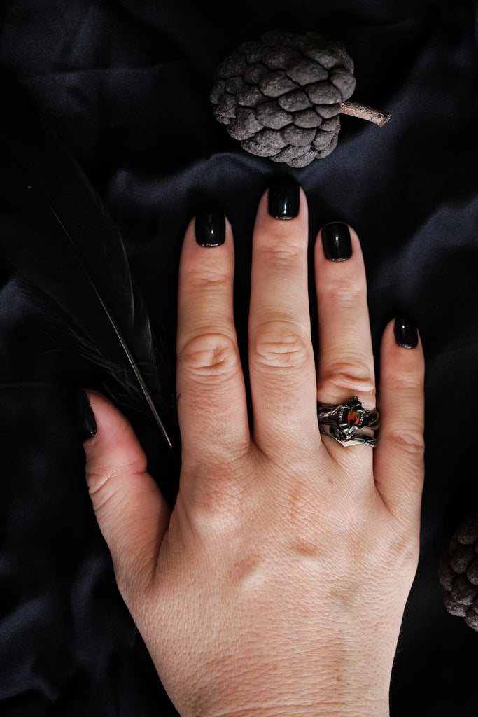 Engagement Black Fire Opal Ring Set of 2 "Vivienne"