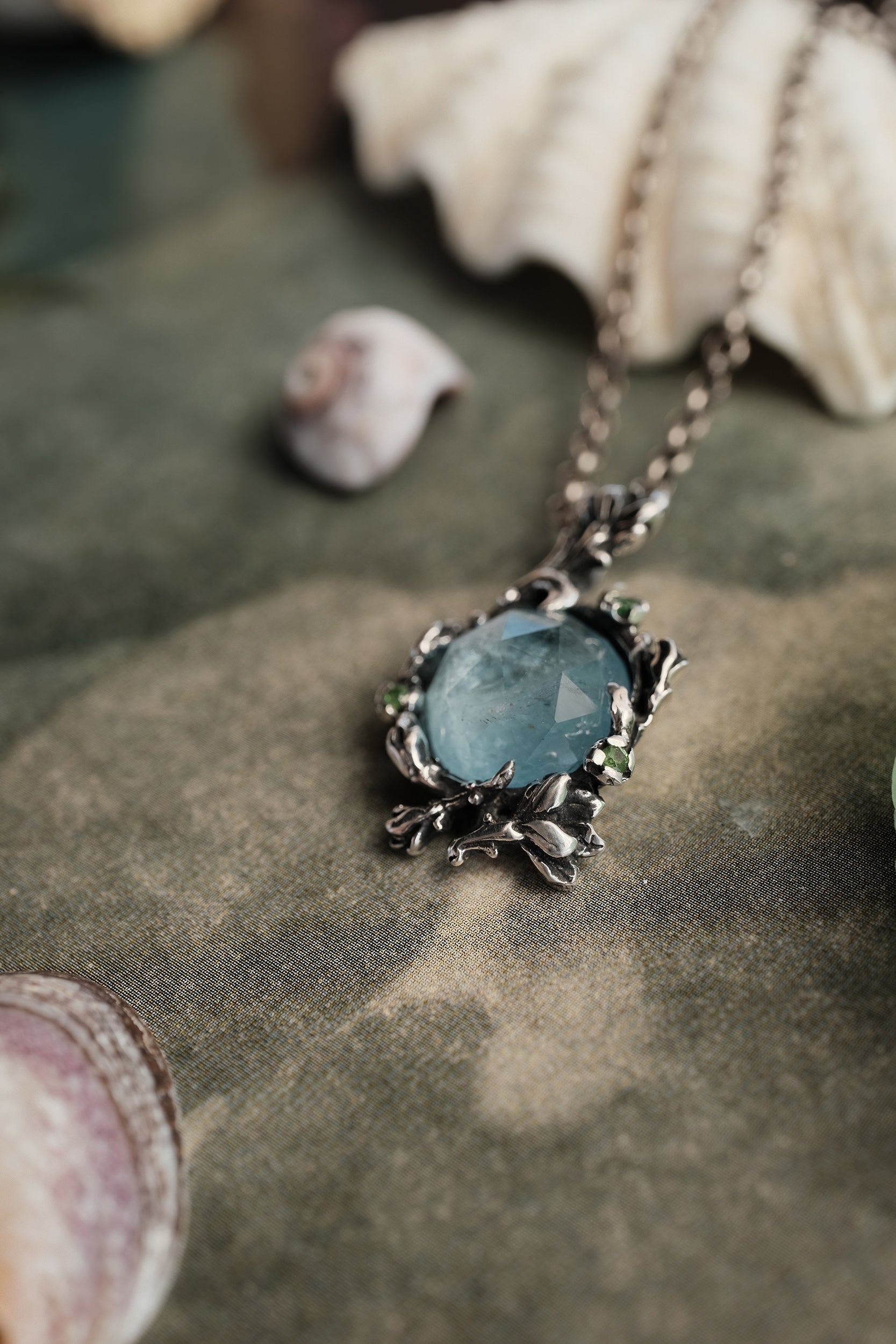 Aquamarine & Tsavorite Pendant in Silver 