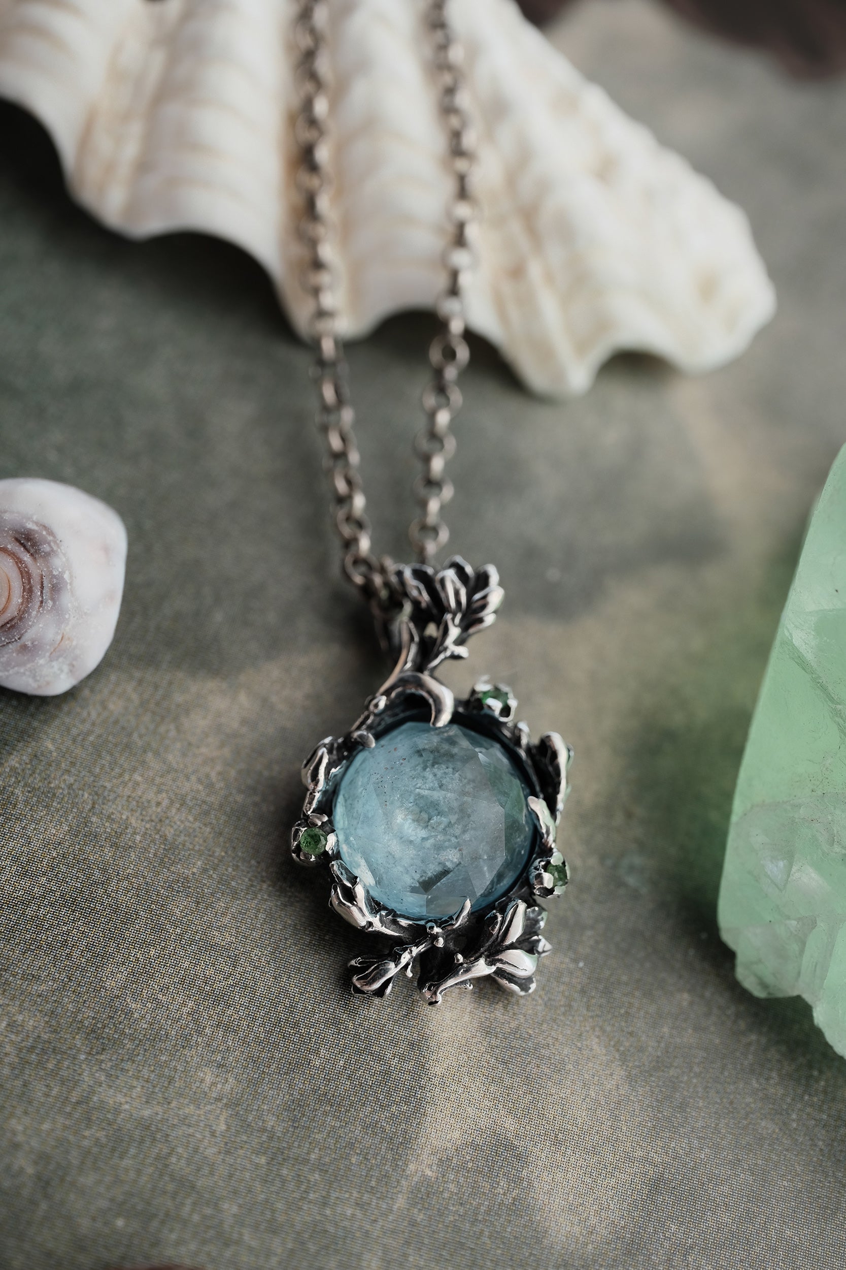 Aquamarine & Tsavorite Pendant in Silver 