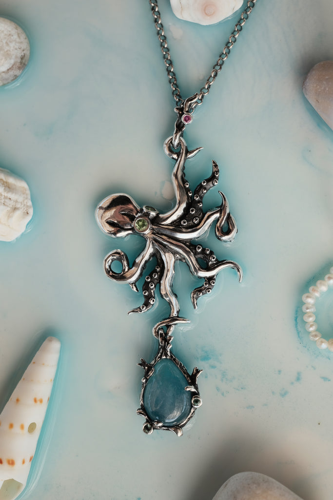Aquamarine Octopus Necklace with Peridot, Ruby, and Tsavorite