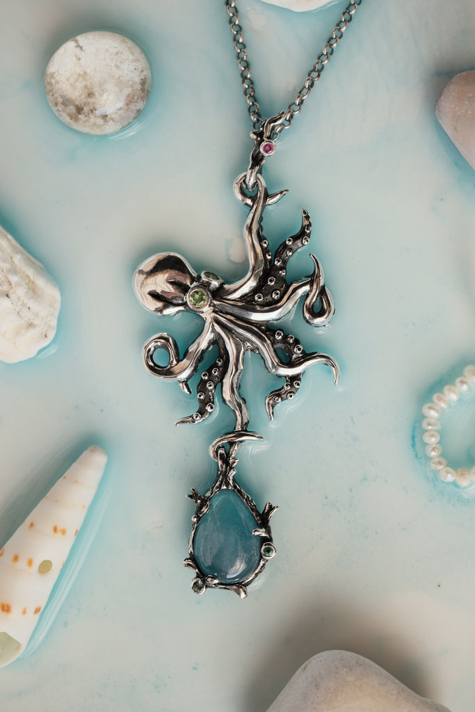 Aquamarine Octopus Necklace with Peridot, Ruby, and Tsavorite