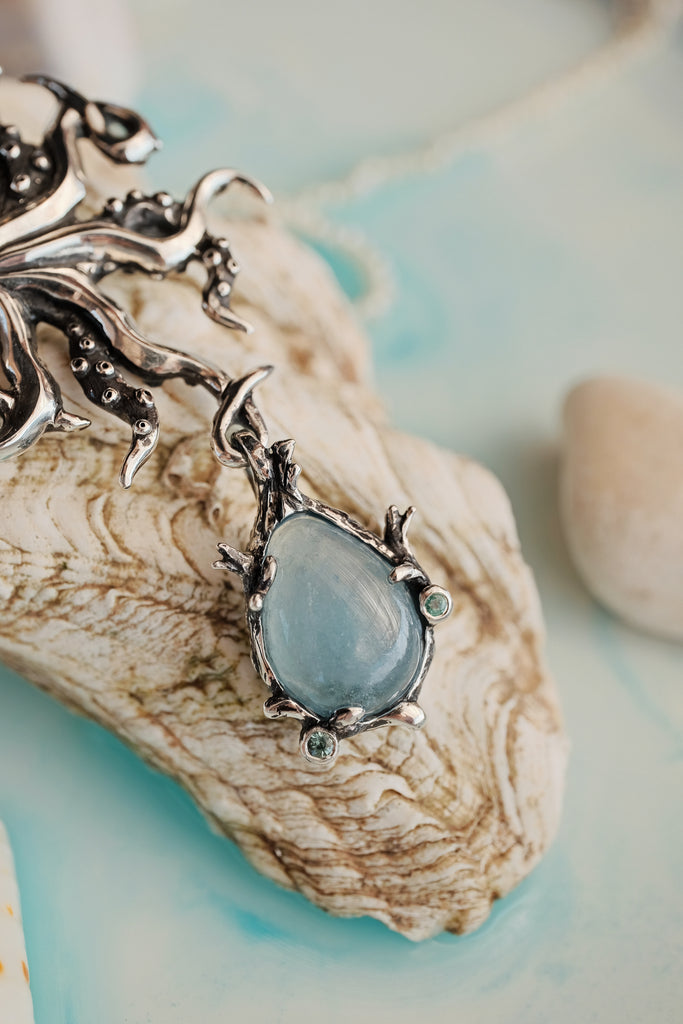 Aquamarine Octopus Necklace with Peridot, Ruby, and Tsavorite