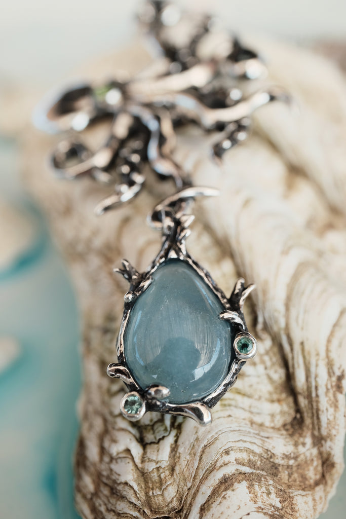 Aquamarine Octopus Necklace with Peridot, Ruby, and Tsavorite