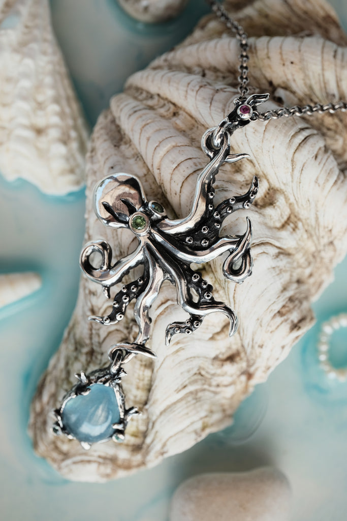 Aquamarine Octopus Necklace with Peridot, Ruby, and Tsavorite