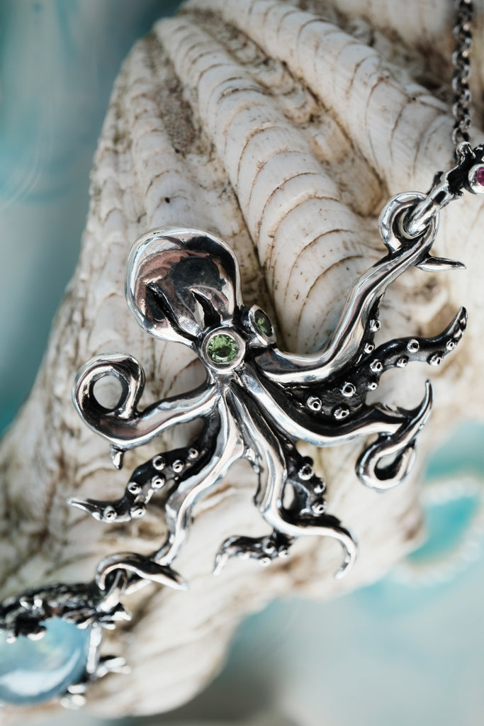 Aquamarine Octopus Necklace with Peridot, Ruby, and Tsavorite