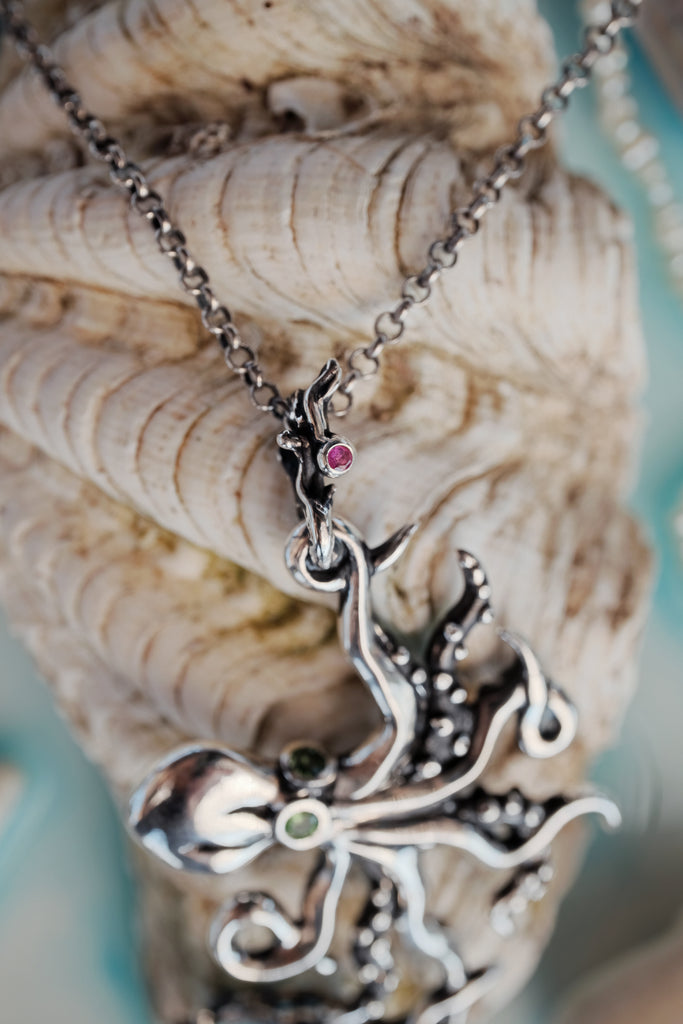 Aquamarine Octopus Necklace with Peridot, Ruby, and Tsavorite