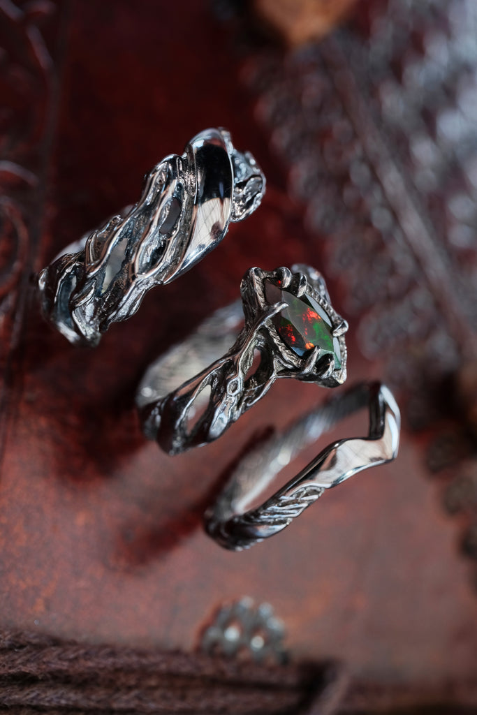 3-Piece wedding couple rings set with Black Fire Opal "Vivienne"