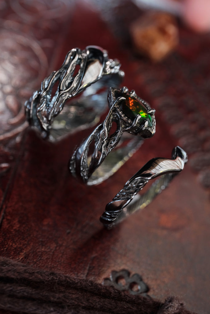 3-Piece wedding couple rings set with Black Fire Opal "Vivienne"