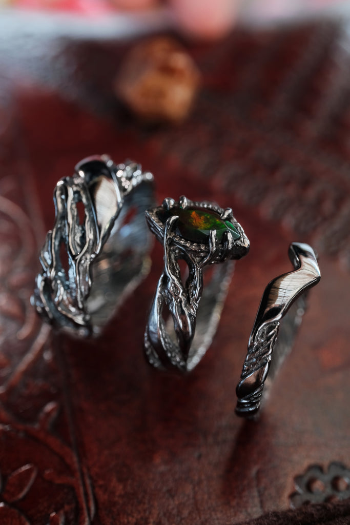 3-Piece wedding couple rings set with Black Fire Opal "Vivienne"