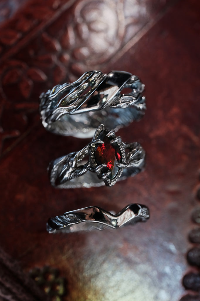 3-Piece wedding couple rings set with Black Fire Opal "Vivienne"