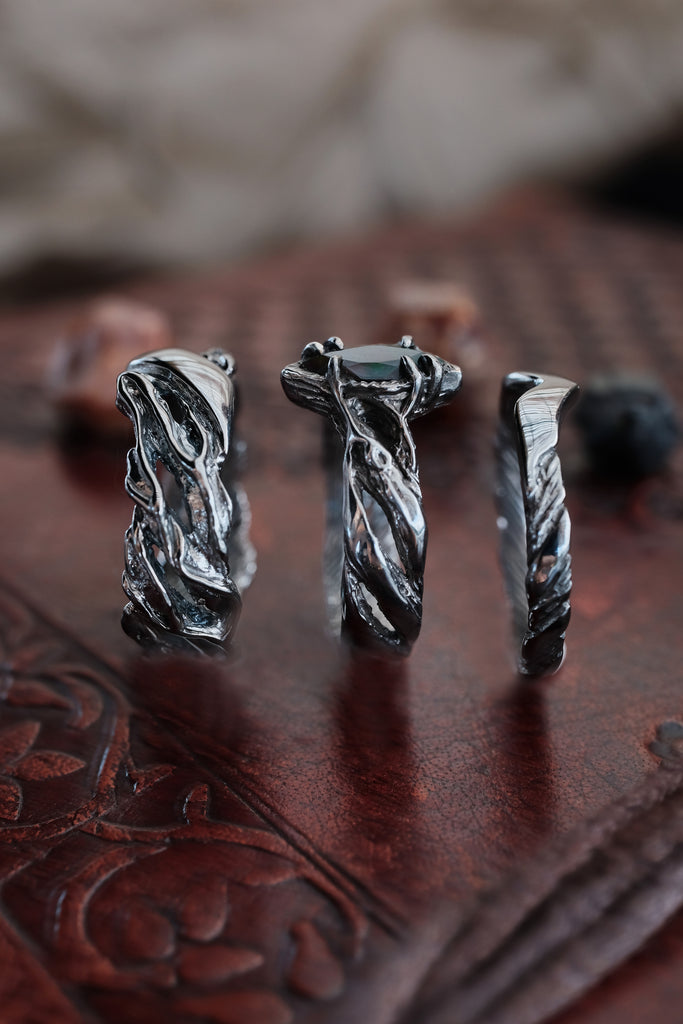 3-Piece wedding couple rings set with Black Fire Opal "Vivienne"