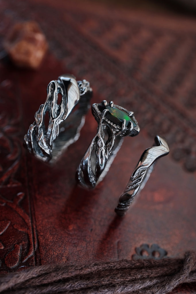 3-Piece wedding couple rings set with Black Fire Opal "Vivienne"