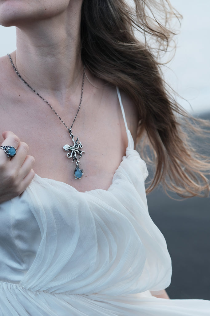 Aquamarine Octopus Necklace with Peridot, Ruby, and Tsavorite