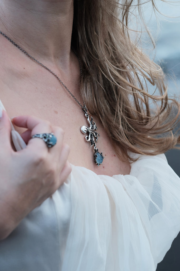 Aquamarine Octopus Necklace with Peridot, Ruby, and Tsavorite