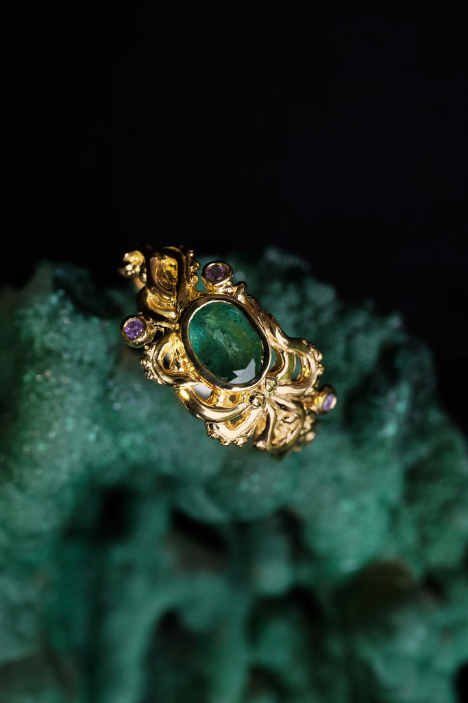 14K Yellow Gold Emerald Octopus Ring "Thais"