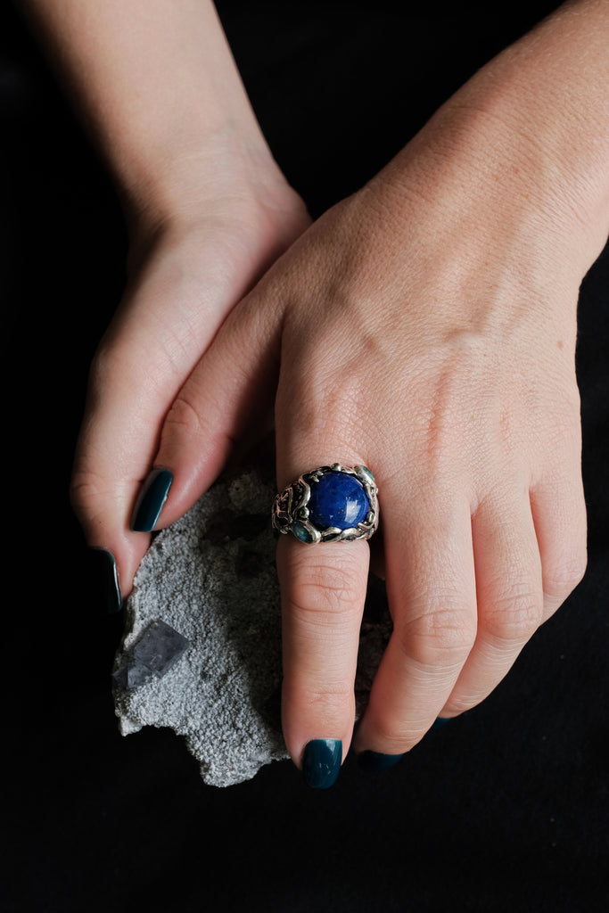 Silver Octopus Ring "Twain" with Boulder Opal, Tsavorite & Lapis