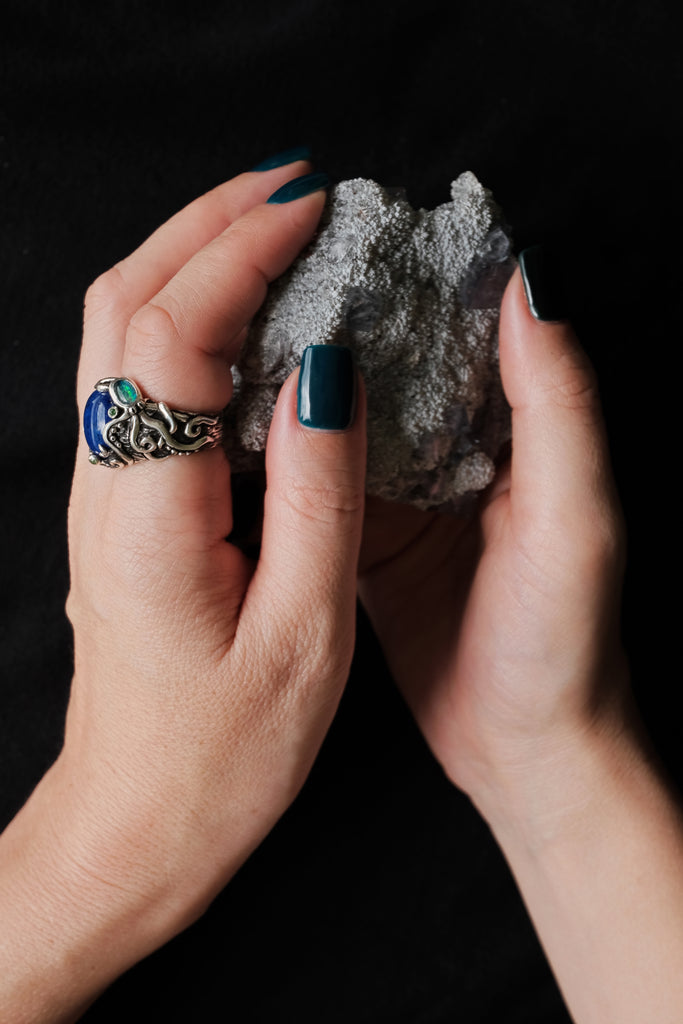 Silver Octopus Ring "Twain" with Boulder Opal, Tsavorite & Lapis