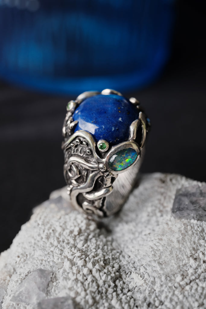 Silver Octopus Ring "Twain" with Boulder Opal, Tsavorite & Lapis