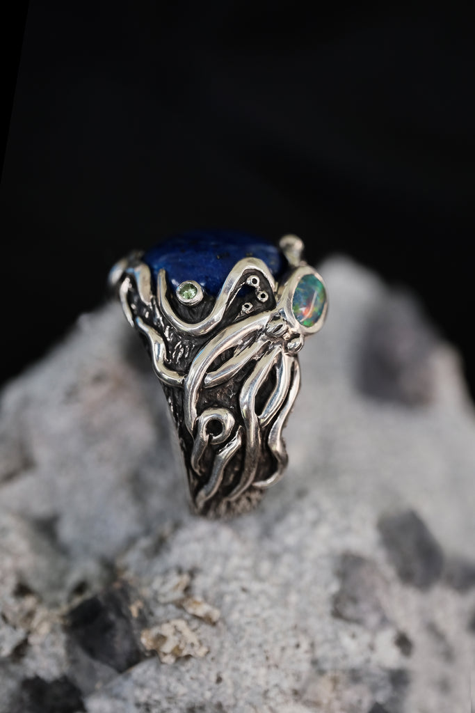 Silver Octopus Ring "Twain" with Boulder Opal, Tsavorite & Lapis